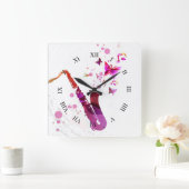 Horloge Carrée Saxophone musique mignonne et papillons (Maison)