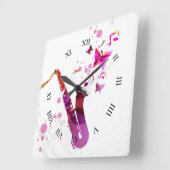 Horloge Carrée Saxophone musique mignonne et papillons (Angle)