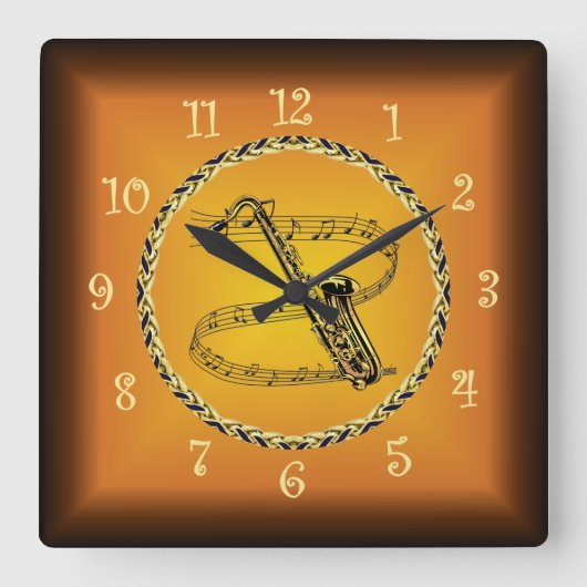 Horloge Carrée Saxophone Sur Scroll Musical & Russet Orange ~ (Recto)