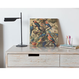 Horloge Carrée Scène botanique vintage perroquets colorés dans un