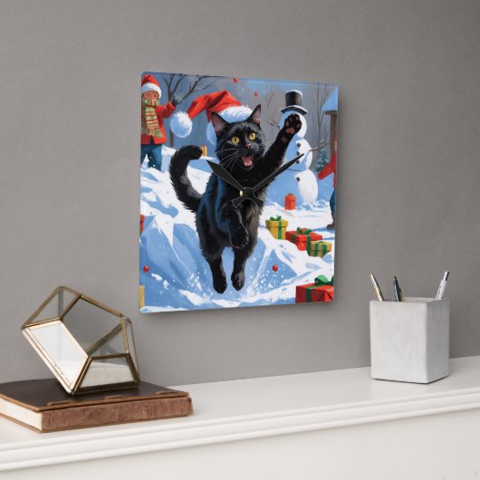 Horloge Carrée Scène de fête de Noël de chat noir (Bureau)