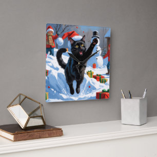 Horloge Carrée Scène de fête de Noël de chat noir