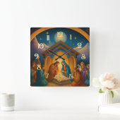 Horloge Carrée Scène de la Nativité Peinte Moderne (Maison)