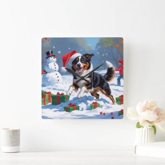 Horloge Carrée Scène de Noël australienne Kelpie (Maison)