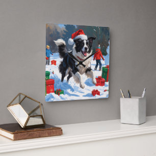 Horloge Carrée Scène de Noël festive avec un Border Collie dans l