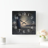 Horloge Carrée Scène de nuit avec scène de Pleine lune (Maison)