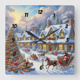 Horloge Carrée Scène de village de Noël enchanteur