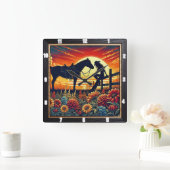 Horloge Carrée Scène Occidentale Représentant Cheval, Rider, Couc (Maison)