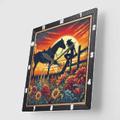 Horloge Carrée Scène Occidentale Représentant Cheval, Rider, Couc (Angle)