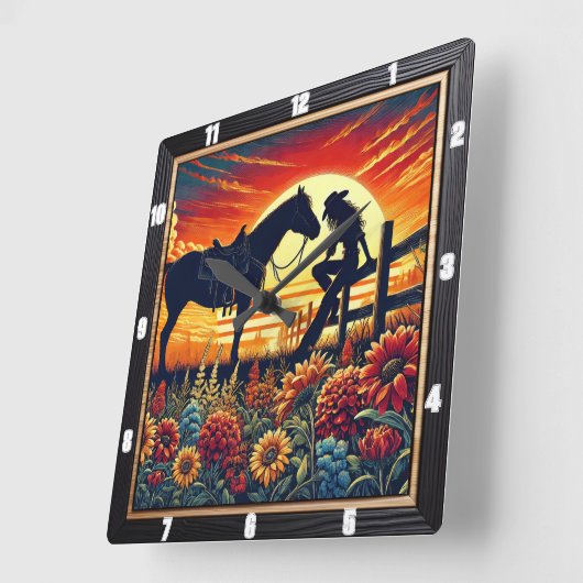 Horloge Carrée Scène Occidentale Représentant Cheval, Rider, Couc (Angle)