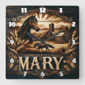 Horloge Carrée Scène rustique de ferme avec cheval et grange (Recto)