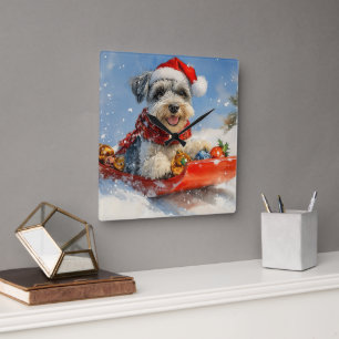 Horloge Carrée Schnauzer Chien en Luge Laissez Tomber la Neige No