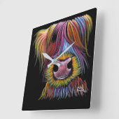 Horloge Carrée Scottish Highland Cow ' MacKENZIE ' par Shirley Ma (Angle)