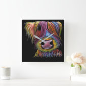 Horloge Carrée Scottish Highland Cow ' MacKENZIE ' par Shirley Ma (Maison)