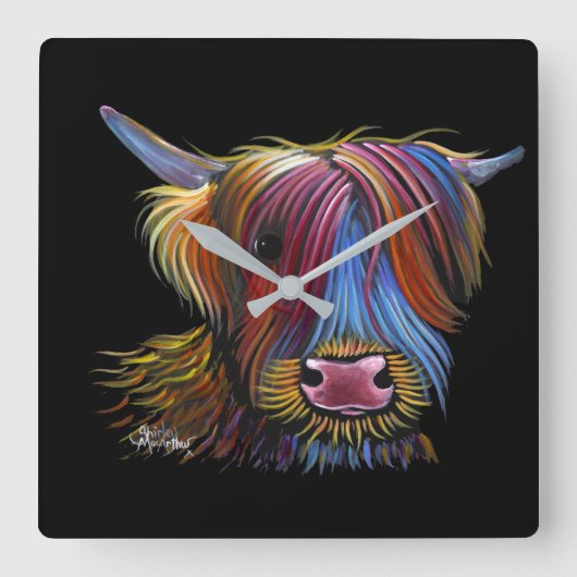 Horloge Carrée Scottish Highland Cow ' PODGER ' par Shirley M (Recto)