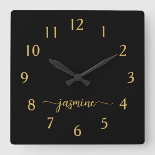 Horloge Carrée Script de nom de monogramme noir or minimaliste fé