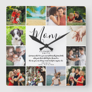 Horloge Carrée Script Mom Citation Modern Script 12 Photo Collage