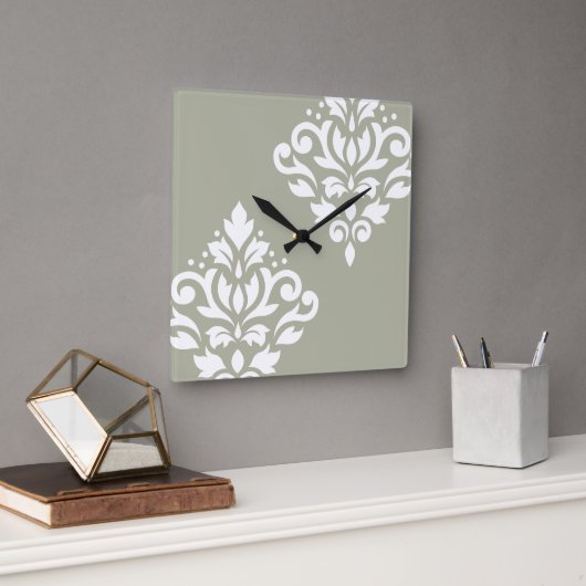 Horloge Carrée Scroll Damask Art I White on Green (Bureau)