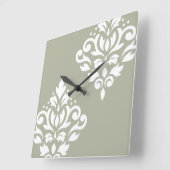 Horloge Carrée Scroll Damask Art I White on Green (Angle)