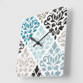 Horloge Carrée Scroll Damask XLg Motif Art Teals Browns White (Angle)