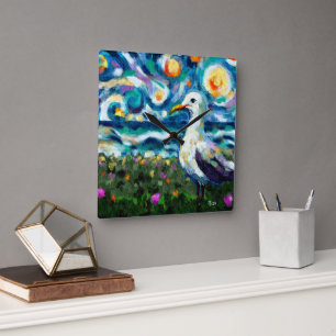 Horloge Carrée Seagull Van Gogh Style Plage Sky Blue Turquoise