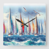 Horloge Carrée Seagulls Soaring With a Sailboat Regatta (Recto)