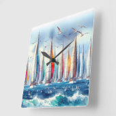 Horloge Carrée Seagulls Soaring With a Sailboat Regatta (Angle)