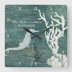 Horloge Carrée Seahorse Beach House Turquoise Blue Driftwood Coas