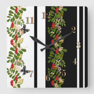 Horloge Carrée Seamless rowanberry berry flowers floral butterfly