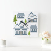 Horloge Carrée Seamless winter Merry Christmas landscape gray hou (Maison)