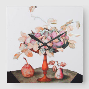 HORLOGE CARRÉE SEASON'S FRUITS JASMINES,PRUNES PEARS ,FRUIT BOWL