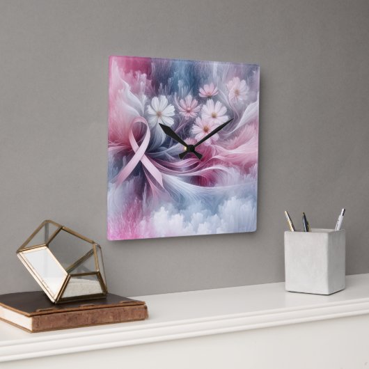 Horloge Carrée Sensibilisation au cancer du sein Ruban rose Abstr (Bureau)