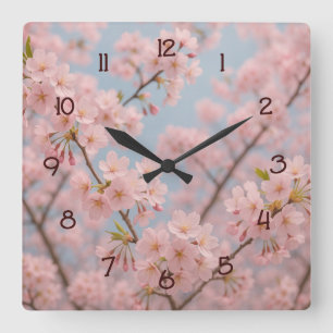 Horloge Carrée Sérénité cerise en fleurs