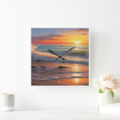 Horloge Carrée Sérénité du coucher du soleil : Vagues de tranquil (Maison)