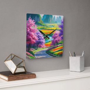 Horloge Carrée "Sérénité printanière - Sentier floral intemporel 