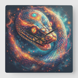 Horloge Carrée Serpent Cosmique aux Écailles Brillantes