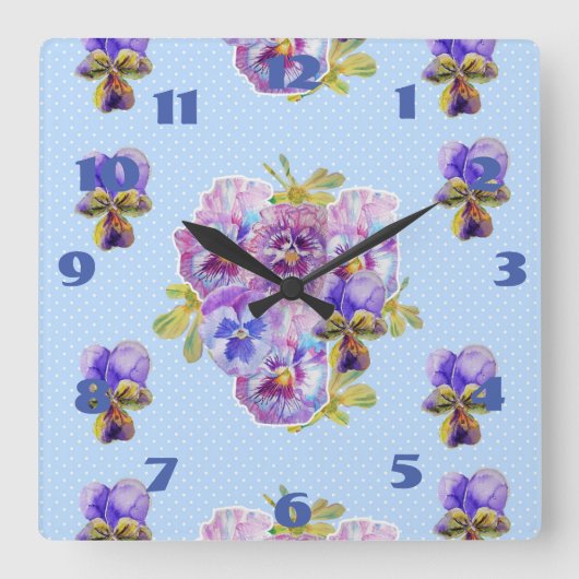 Horloge Carrée Shabby Chic Bleu Pensées Pensée Floral Point Point (Recto)