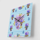 Horloge Carrée Shabby Chic Bleu Stripe Pansy Fleur Floral Art (Angle)