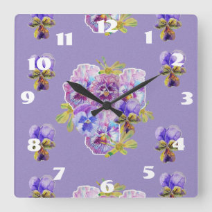 Horloge Carrée Shabby Chic Violet Pansies Pansy Floral Chambre Ho