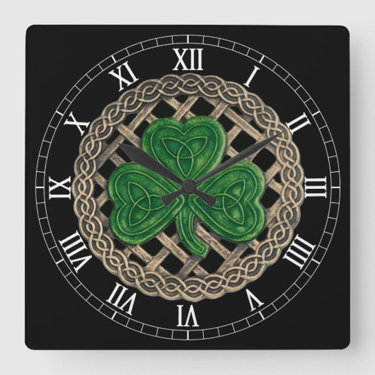 Horloge Carrée Shamrock noir & noeuds celtiques Numéros romains H (Recto)