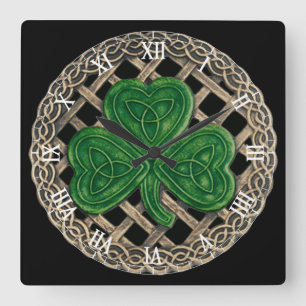 Horloge Carrée Shamrock noir & noeuds celtiques Numéros romains H