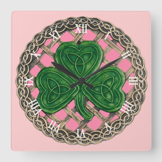 Horloge Carrée Shamrock rose & noeuds celtiques Numéros romains H (Recto)