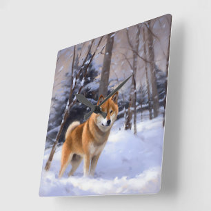 Horloge Carrée Shiba Inu Laissez Neige Noël