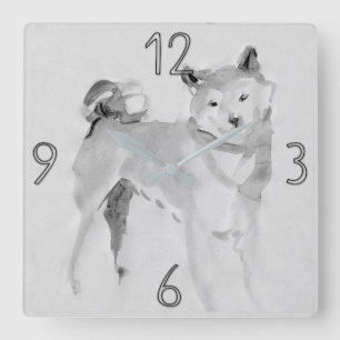 Horloge Carrée Shiba Inu Peinture originale Chien Année Annivers