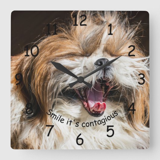 Horloge Carrée Shih tzu bâillant sourire rire texte personnaliser (Recto)