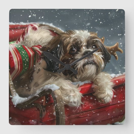 Horloge Carrée Shih Tzu Chien Festif de Noël (Recto)