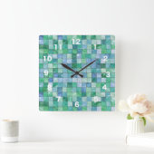 Horloge Carrée Shiny Blue Green Faux Glass Block Tile Mosaic (Maison)