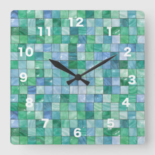 Horloge Carrée Shiny Blue Green Faux Glass Block Tile Mosaic