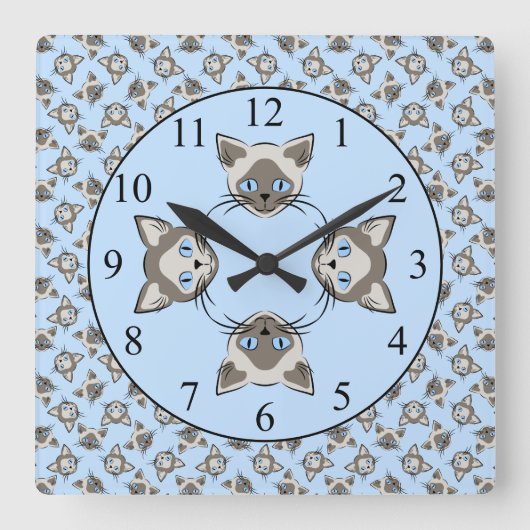 Horloge Carrée Siamese Blue Eyed Cat Faces Graphic Art Pattern (Recto)