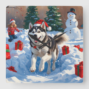 Horloge Carrée Sibérie Husky Courir en neige avec Casquette de No